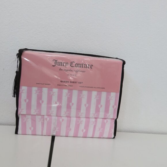 Juicy Couture JC Logo Pink & White Hearts Striped queen 6pc Sheet Set - Picture 5 of 6